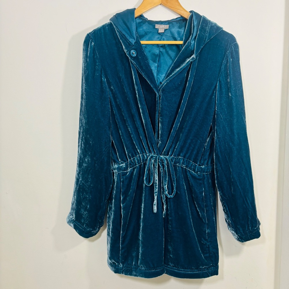 J Jill Silk Blend Women's Teal Velvet Hooded Side Pocket Jacket‎ Size Small